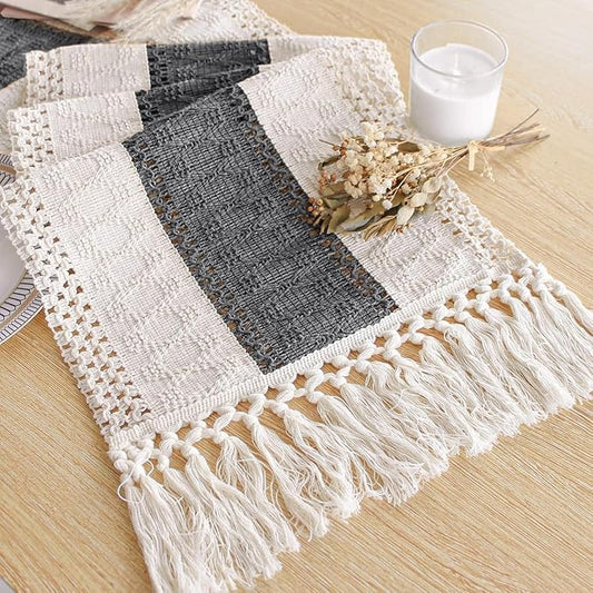 FEXIA Boho Table Runner for Home Decor with Tassels 90 Inches Long,Grey Farmhouse Rustic Table Runner Macrame Burlap Table Decoration for Living Room Bridal Shower(12x90 Inches)