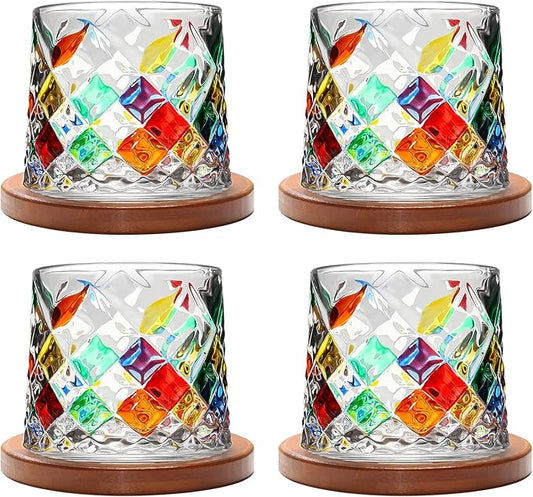 Rotatable Old Fashioned Glass, 275ml/10oz Crystal Whiskey Glass Set of 4, Wood Coaster, Thickening, Used as Rum Glass, Cocktail Cup, Coffee Cup, Milk Cup to Relax and Reduce Stress, Christmas gifts