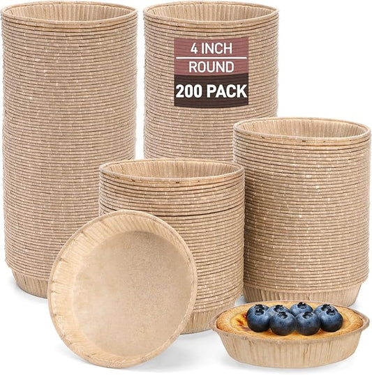 SOUJOY 200 Pcs Paper Mini Tart Pans for Baking, 4 Inch Disposable Pie Tins, Non-stick Pie Pans for Individual Small Quiche, Cakes, Cinnamon Rolls, Desserts, Oven Microwave Air Fryer Safe