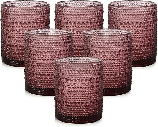 ZMOWIPDL Vintage Glassware Drinking Glasses Set of 6,12 oz Hobnail Glass Cups,Embossed Purple Water Tumbler,for Beer,Cocktail,Whiskey,Juice and Various Mixed Drinks- 1 Cleaning Brush