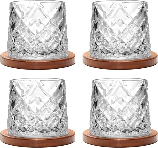 Rotatable Old Fashioned Glass, 275ml/10oz Crystal Whiskey Glass Set of 4, Wood Coaster, Thickening, Used as Rum Glass, Cocktail Cup, Coffee Cup, Milk Cup to Relax and Reduce Stress, Christmas gifts