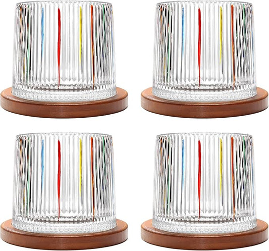 Rotatable Old Fashioned Glass, 275ml/10oz Crystal Whiskey Glass Set of 4, Wood Coaster, Thickening, Used as Rum Glass, Cocktail Cup, Coffee Cup, Milk Cup to Relax and Reduce Stress, Christmas gifts