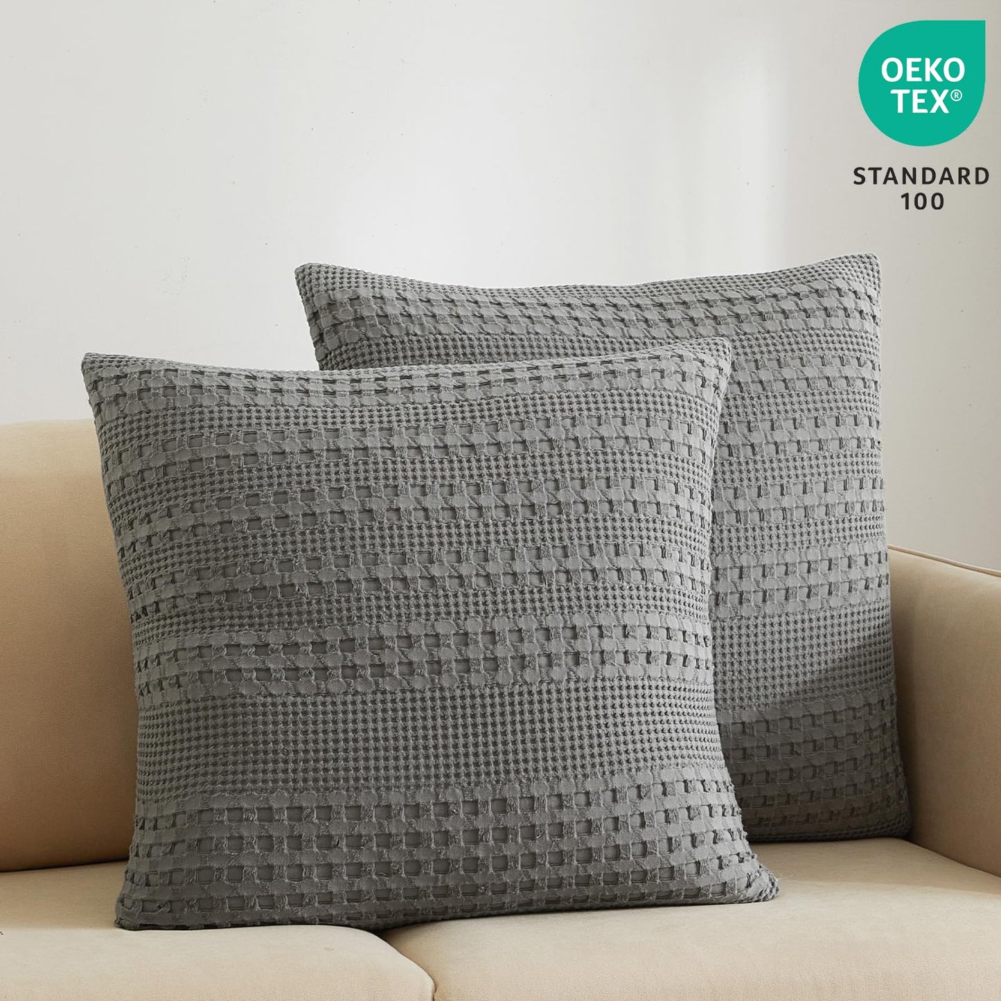 PHF 100% Cotton Waffle Weave Euro Sham Covers, 2 Pack 26" x 26" Bed Pillow Covers for Elegant Home Decor, No Filling, Luxury Aesthetic Soft Euro Pillow Cases for Bed, Dark Grey