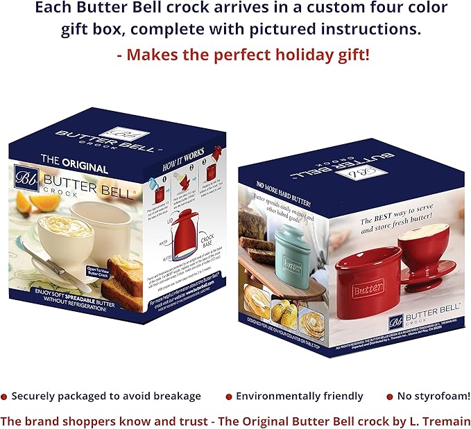 Butter Bell - The Original Butter Bell crock by L Tremain, a Countertop French Ceramic Butter Dish Keeper for Spreadable Butter, Café Matte & Retro Collection (BBCCWHT)