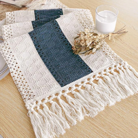 FEXIA Boho Table Runner 36 Inches Long with Tassels Farmhouse Rustic Cream & Blue Macrame for Dining Bedroom Home Baby Bridal Shower Decor(12x36 Inches)