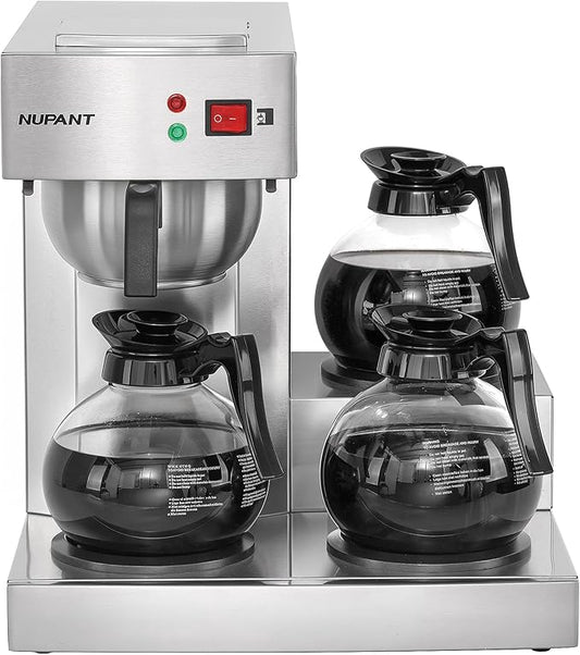 NUPANT 12 Cup Commercial Coffee Maker,Drip Coffee Maker Machine with 3 Warmers Plate and 3 Glass Decanters, Stainless Steel Pour Over Commercial Coffee Brewer for Restaurant, Office, Cafe Use