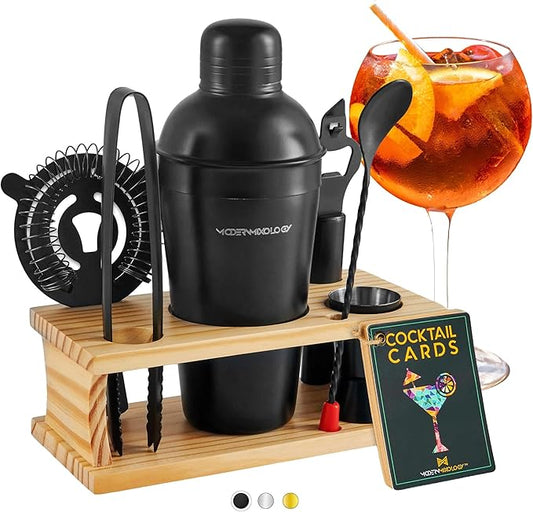 Modern Mixology Cocktail Shaker Set - 8 Piece Bartender Kit on Quality Pine Stand | Complete Cocktail Kit Gift Set | Top Bartender Gifts for Men | Leak Proof Design (Black)