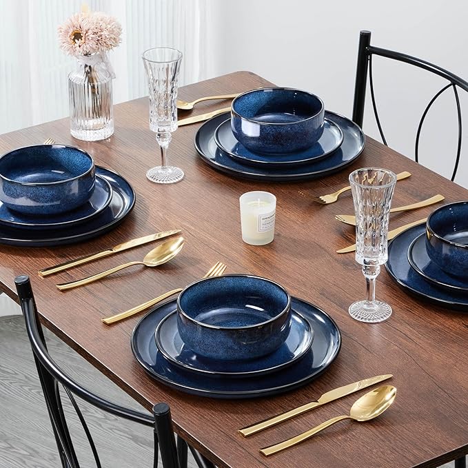 E-far 18-Piece Plates and Bowls Set, Dinnerware Sets for 6, Reactive Glaze Stoneware Dishes Dinning Ware, Microwave & Dishwasher Safe - Deep Sea Blue