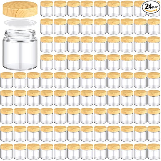 Norme 24 Pcs 4 oz Glass Jars with Lids, Empty Glass Containers with Woodgrain Lids & Inner Liners, Reusable for Storing Creams Lotions Cosmetic Powder Ointments Making (natural wood)