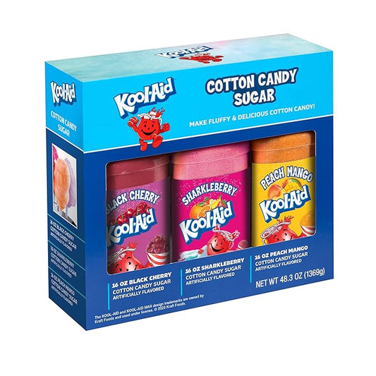 Nostalgia Kool-Aid Cotton Candy Variety Kit – 3 Flossing Sugar Flavors (Black Cherry, Sharkleberry, Peach Mango) – 7-oz Bottles – Compatible with Cotton Candy Makers – Party Supplies