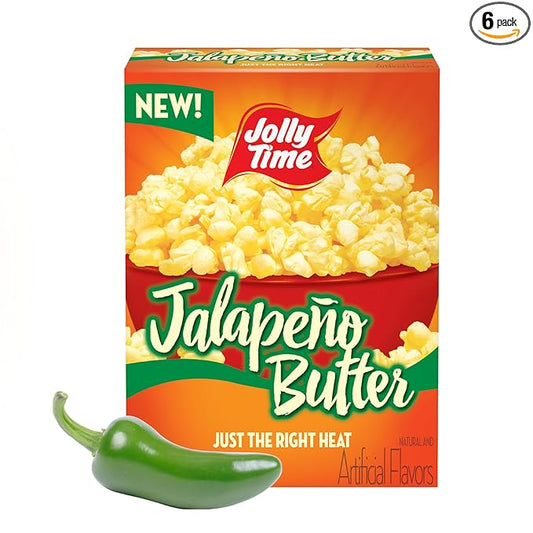 Jolly Time Jalapeño Butter, Microwave Popcorn with Just the Right Heat, 3oz Sharing Bag, 6 Bags Per Carton (Jalapeño Butter, 3 Ounce (Carton of 6))