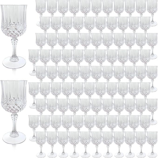 Plastic Wine Glasses, Plastic Goblets Vintage Style Cordial Unbreakable Drinking Glasses, Reusable Drinkware for Wedding Reception, Grand Event Party Supplies (100, Transparent)