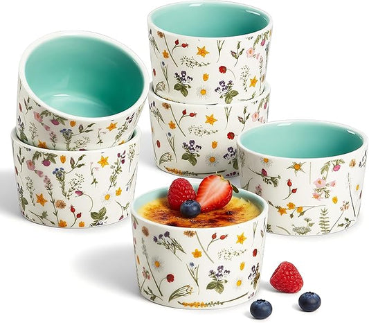 ONEMORE 6 oz Ramekins Oven Safe, Floral Ceramic Ramekin Set of 6 Mint Green Ramekins for Baking & Serving, Creme Brulee Dishes, Custard Pudding Souffle Cups, Small Dessert Bowls for Oven, Air Fryer