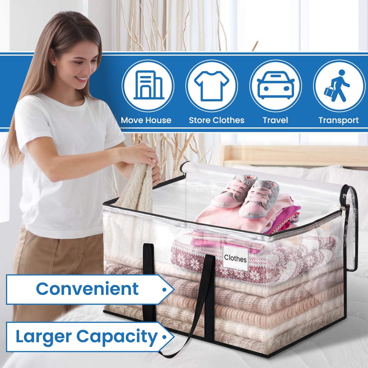 RoomHacks Clear Moving Bags Heavy Duty Extra Large, Moving Supplies with Reinforced Handle and Double Zipper, Storage Totes for Moving Essential, Packing Bags Alternative to Moving Box(6 Packs, Clear)
