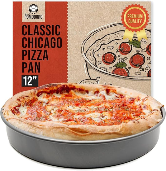 Chef Pomodoro Chicago Deep Dish Pizza Pan 12 Inch, Hard Anodized Aluminum Pizza Pan for Oven, Pre-Seasoned Bakeware Kitchenware, Non-Stick Round Pizza Pans (12-Inch)