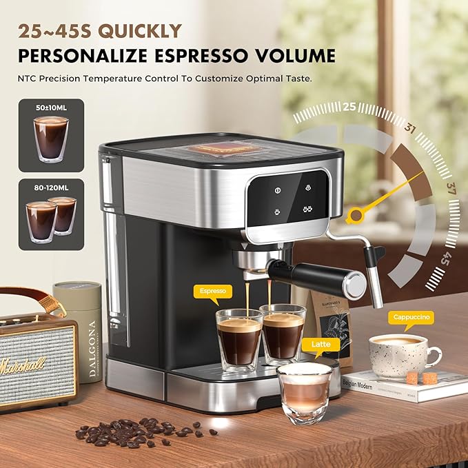 Espresso Machine 20 Bar, Professional Espresso Maker With Auto Milk Frother, Home Compact Espresso Coffee Machine With Led Touch Screen, 61OZ Removable Water Tank For Latte, Cappuccino