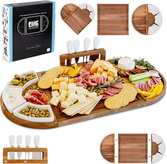 Large Wooden Charcuterie Board Set (Sealed Clear Finish) - 3-Piece Magnetic Long Serving Board Tray with Charcuterie Accessories - Acacia Wood Cheese Platter with Cheese Knife Set & Dishes - Brown