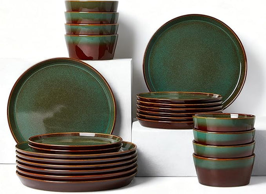 Pokini Plates and Bowls Sets for 8, Ceramic Dinnerware Sets, Kitchen Dish Set, Microwave & Dishwasher Safe Dishware, Highly Durable Handcrafted Dinner Set, Brown Green