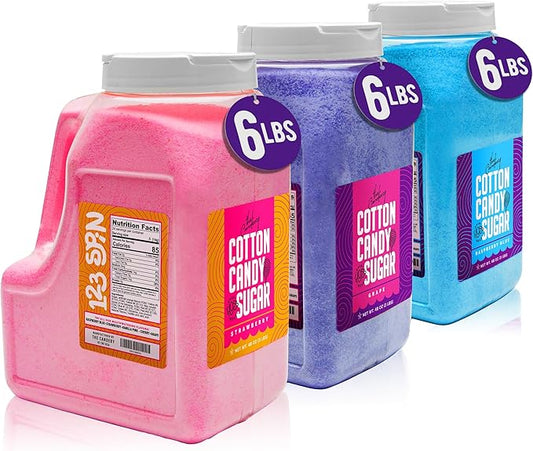 The Candery Cotton Candy Floss Sugar 6lbs 96oz jars- 3 Pack Strawberry, Raspberry Blue and Grape Easy Pour Easy Grip Reusable Jars