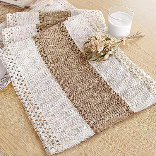 FEXIA Boho Table Runner 36 Inches Long(Without Tassel) Thanksgiving Farmhouse Home Decor Rustic Cream & Brown Macrame Table Runner for Dining Bedroom Decor(12x36 Inches)