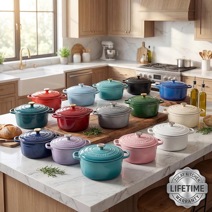 Zulay Kitchen 6 Quart Enameled Cast Iron Dutch Oven Pot with Lid – Premium Durability & Oven Safe up to 500°F – Heavy Duty Cookware Perfect for Bread Baking, Stews, Braising & Roasting - Lavender Jade