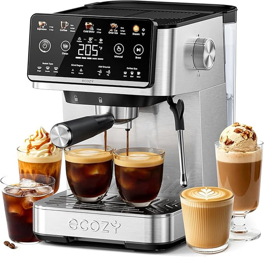 ecozy 4-in-1 Espresso Machine and Coffee Maker Combo with Milk Frother, Cold Brew & Over Ice, Interactive Touch Screen, Stainless Steel, Brezzano Elite Series for Cappuccinos, Lattes, Americanos