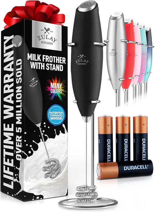 Zulay Kitchen Patented Tornado Triple Whisk Milk Frother with 4 Duracell Batteries – Handheld Foam Maker for Coffee, Lattes, Matcha & Hot Chocolate – Rich, Creamy Froth in Seconds - Alpha Black