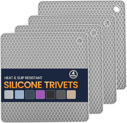 Silicone Trivet Mats 4 Heat Resistant Pot Holders Multipurpose Non-Slip Hot Pads for Kitchen Potholders, Drying mat, Jar Opener, Spoon Holder, Coaster.(Light Grey)
