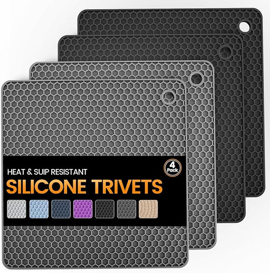 Silicone Trivet Mats 4 Heat Resistant Pot Holders Multipurpose Non-Slip Hot Pads for Kitchen Potholders, Drying mat, Jar Opener, Spoon Holder, Coaster.(Black Dark Gray)