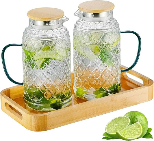 Buaic Glass Pitcher with Lid, 2 PACK 68 oz/2 Liter Vintage Water Pitcher With Serving Tray, Clear Borosilicate Glass Water Carafe for Cold Brew, Coffee, Lemonade, Iced Sun Tea,Beverage, Heat Resistant
