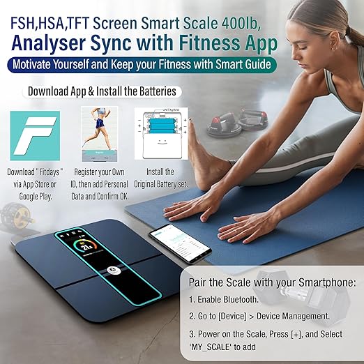 Smart Scale for Body Weight, Fat with FSH, HSA, LCD, 3.5 ft TFT Color Display, Digital Bathroom Weighing Machine for Accurate BMI Muscle Mass Composition, Heart Rate with Fitness App