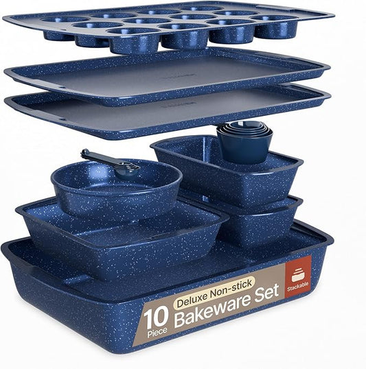 Blue Marble 10-Piece Bakeware Sets, Nonstick Carbon Steel Baking Sheet & Pans, Stackable Space-Saving Bakeware, Dishwasher Safe, Stain-resistant, PFOAPFOSPTFE Free, Oven Safe Up To 450°F (230°C)