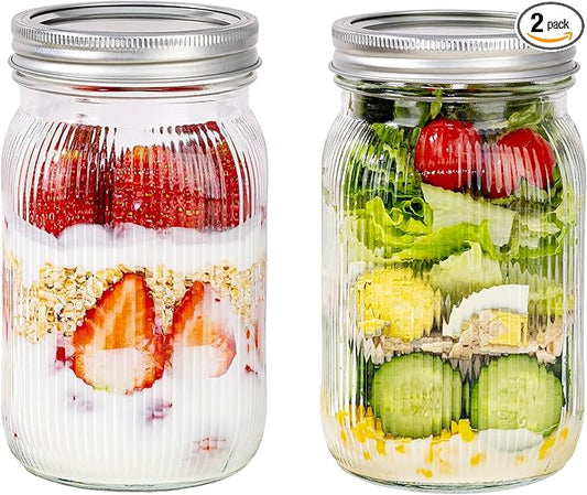WELLIFE Clear Stripe Mason Jars 32oz-2Pcs