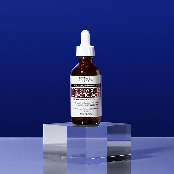 Advanced Clinicals Exfoliating 10% Glycolic Acid Serum For Face + Lactic Acid | Facial Exfoliant AHA + Salicylic Acid Serum To Improve Look Of Large Pores, Uneven Skin Tone, & Dark Spots, 1.75 FL Oz