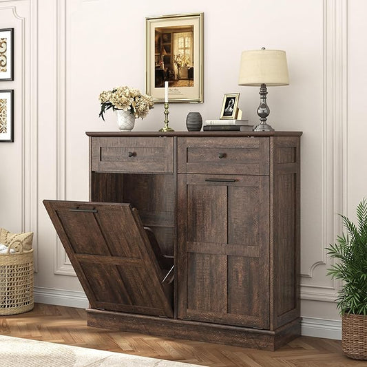 chartustriable 26 Gallon Double Tilt Out Trash Cabinet, Pet Proof Barn Door Garbage Can with 2 Drawers, Farmhouse Wood Laundry Hamper & Storage Basket, Kitchen, Rustic Brown