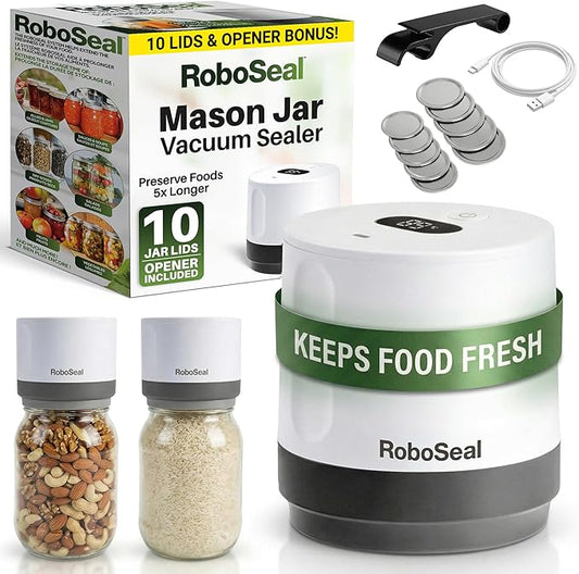RoboSeal Electric Mason Jar Vacuum Sealer Kit with 10 Lids, Works on Wide & Regular Mouth for Canning Food, Auto Stop One Touch Operation, Digital Battery Indicator, Jar Opener Included