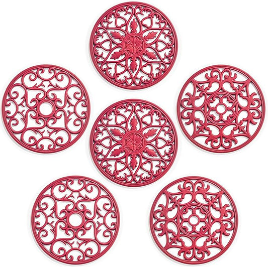 SMARTAKE 6 Set Silicone Trivets, Multi-Use Carved Trivet, Insulated Non-Slip Durable Kitchen Mats, Flexible Modern Kitchen Table Mat, for Hot Dishes, Pots, Dining Countertop, Red