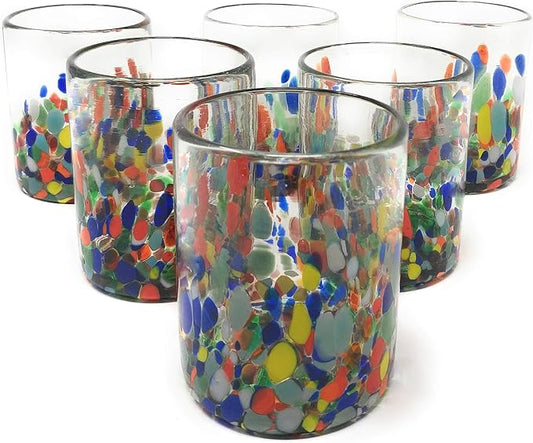 Dos Sueños Hand Blown Mexican Drinking Glasses – Set of 6 Confetti Carmen Tumbler Glasses (10 oz each)