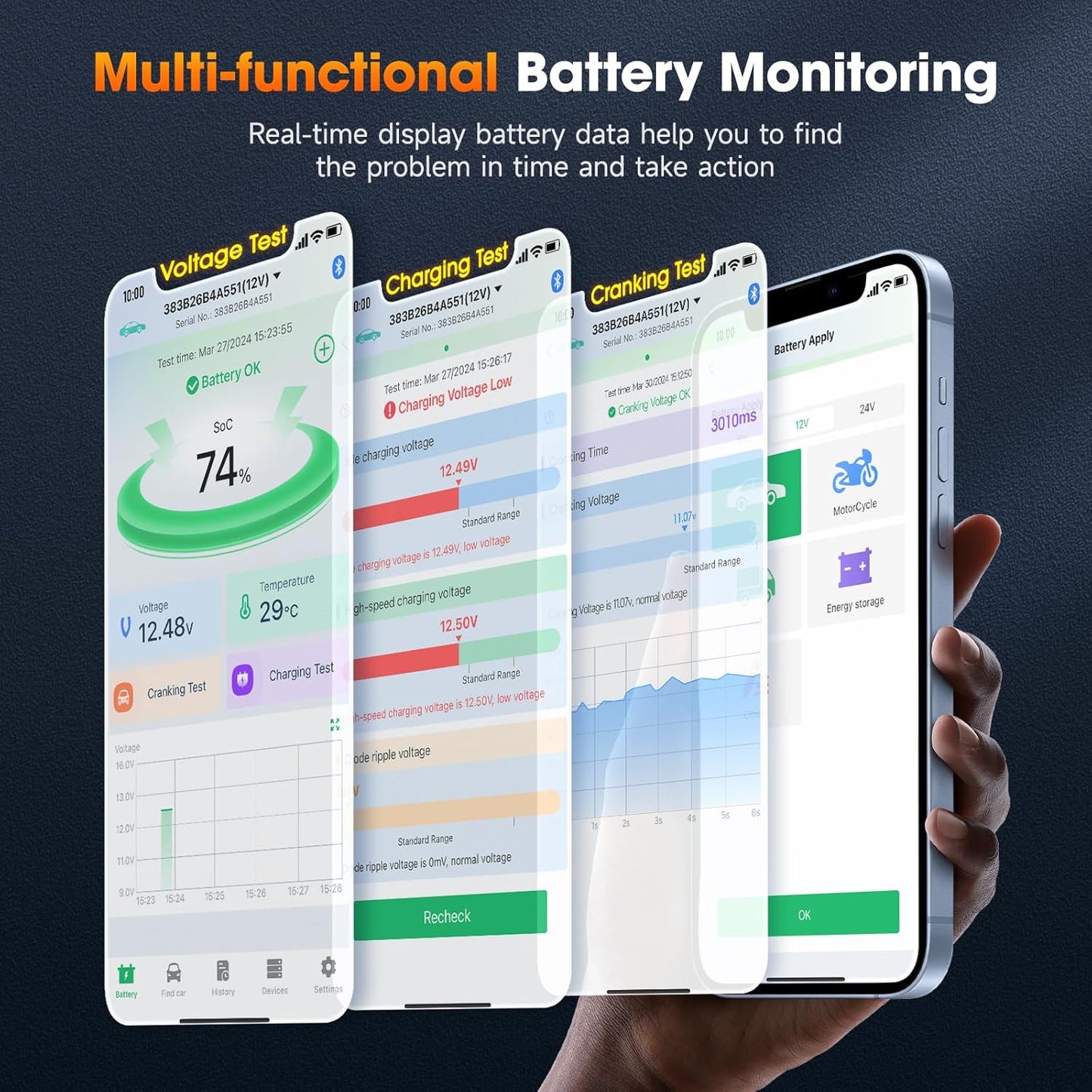 (Upgraded BM300) ANCEL BM300 Pro 6V 12V 24V Battery Monitor - Bluetooth 5.3 Battery Monitor with Charging, Cranking System Test & Alarm - IP67 Waterproof Voltmeter for Trucks, Cars, Motorcycles, Boats