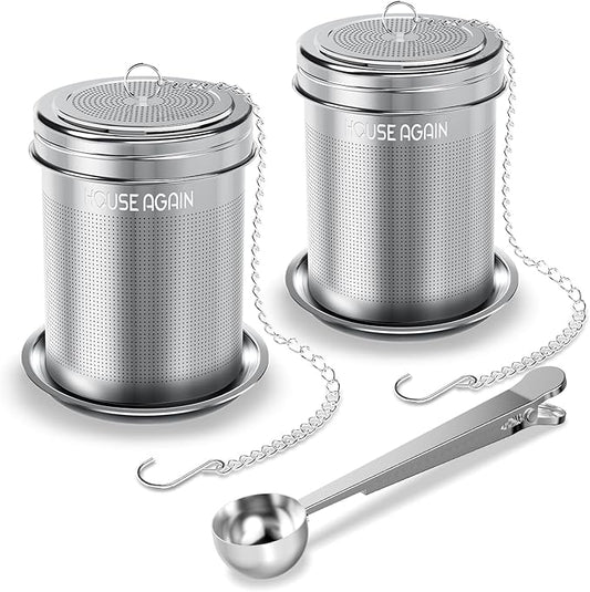 House Again Tea Infuser (2 Pack with Scoop), Extra Fine Mesh Tea Infusers for Loose Tea, 18/8 Stainless Steel Tea Strainer with Extended Chain Hook, Tea Steeper for Brew Tea, Spices & Seasonings