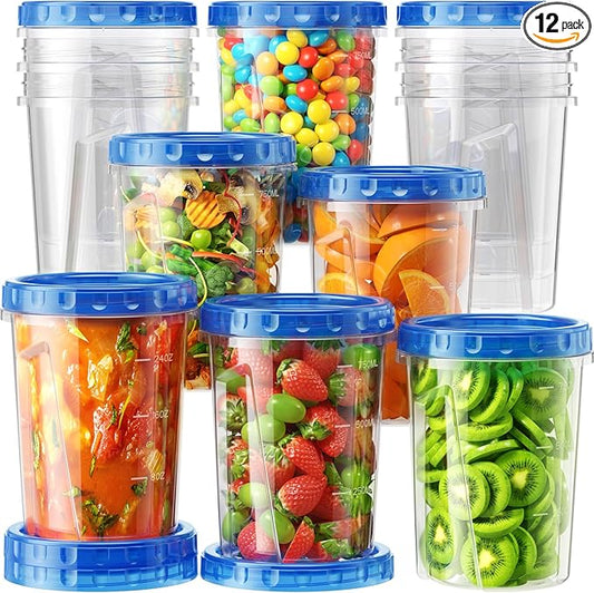 BiuLeon 12 Pack-34 oz Freezer Storage Containers, Plastic Food Storage Containers with Twist Top Lids, BPA Free and Reusable Soup Containers with Lids, Leakproof/Microwave/Dishwasher Safe