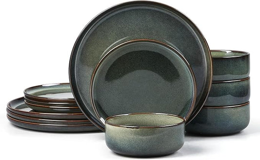 E-far Dinnerware Sets for 4, 12-Piece Stoneware Plates and Bowls Set, Ceramic Dishes Reactive Glaze Dinning Ware, Microwave & Dishwasher Safe - Obsidian Green