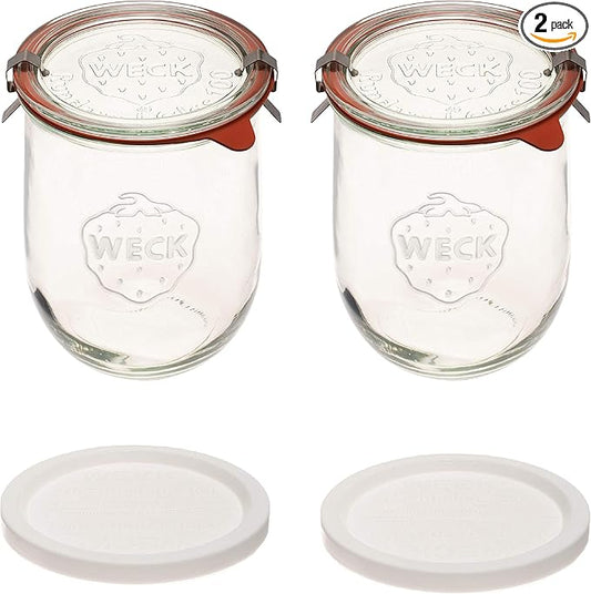 Weck Tulip Jars 1 Liter - Large Sourdough Starter Jars with Wide Mouth, Glass Lids and Keep Fresh Covers - Suitable for Canning and Storage (2 Pack)