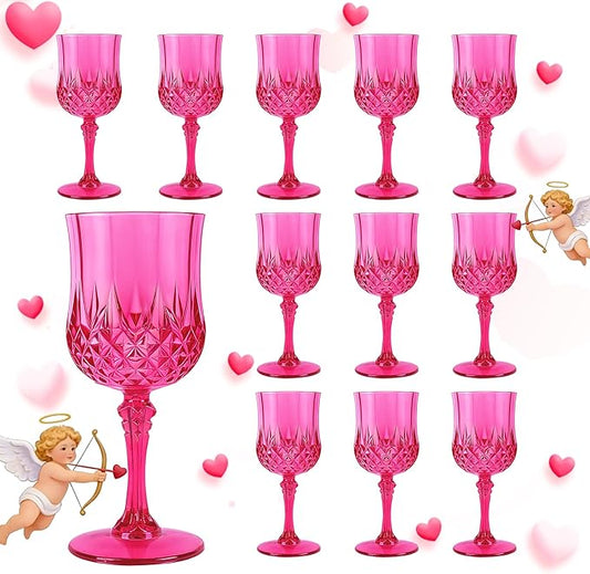 Plastic Wine Glasses, Plastic Goblets Vintage Style Cordial Unbreakable Drinking Glasses, Reusable Drinkware for Wedding Reception, Grand Event Party Supplies, Mother's Day (12, Hot Pink)