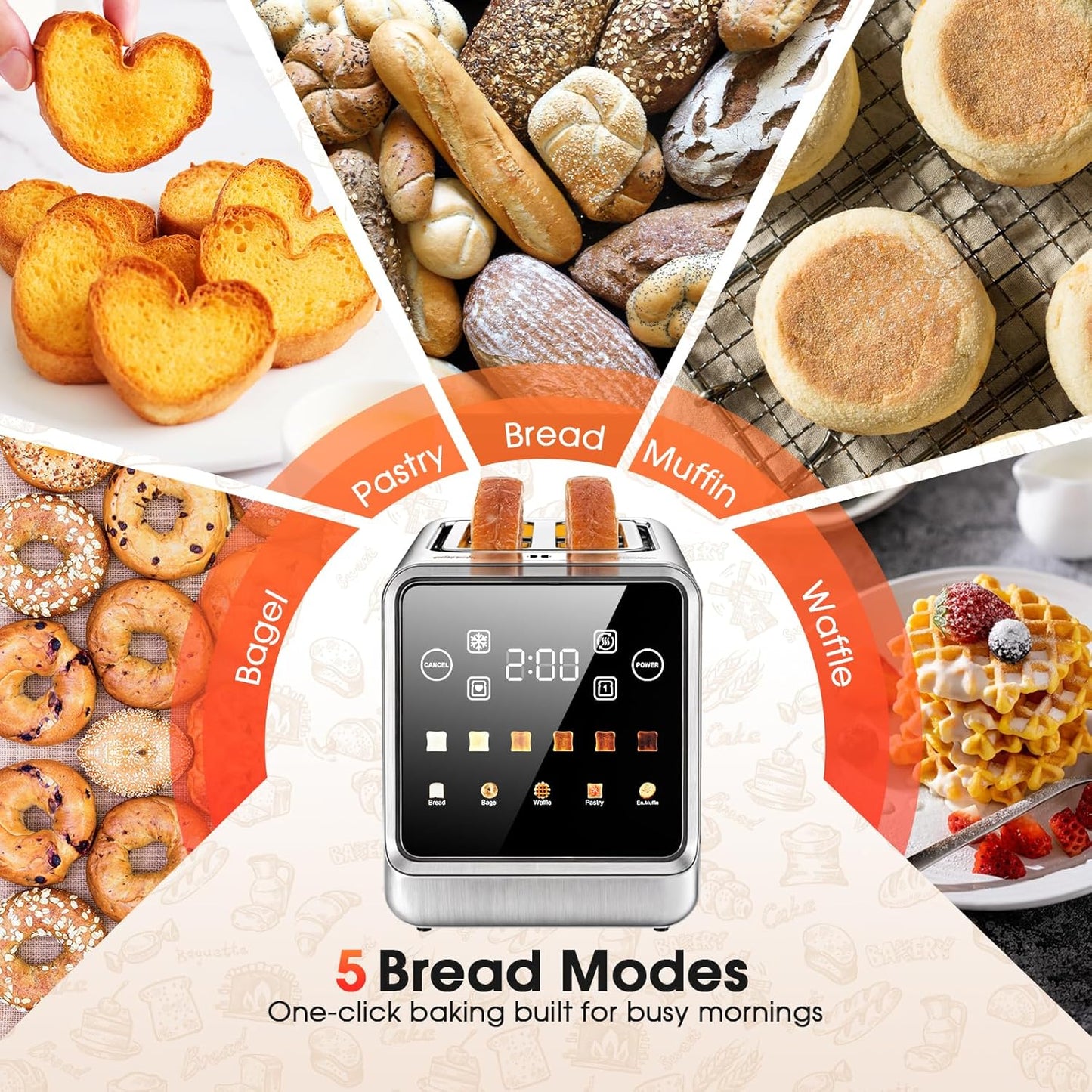 Toaster 2 Slice Wide Slot, Stainless Steel Digital Toasters Best Rated Prime, Touch Screen Toaster for 5 Bread Types/6 Shade Settings/Single Slot Toasting/Memory Function/Defrost/Reheat
