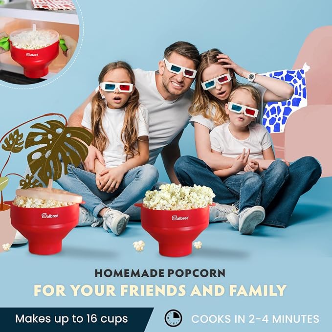 The Original Salbree Collapsible Silicone Microwave Popcorn Popper Maker Machine, Microwavable Bowl Holds 16 Cups, Uses Hot Air and Oil Always Optional - The Most Colors Available (Red)