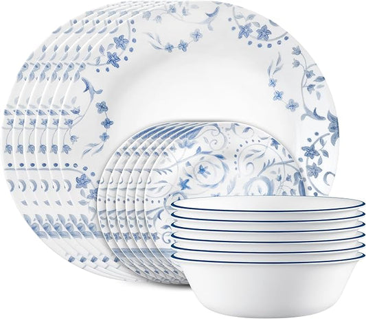 Corelle Vitrelle 18-Piece Service for 6 Dinnerware Set, Triple Layer Glass and Chip Resistant, Lightweight Round Plates and Bowls Set, Darlington