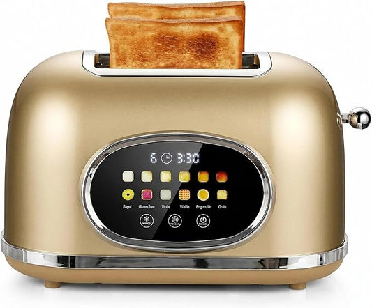 Roter Mond 2 Slice Toaster Smart Touch Screen, Retro Stainless Steel Bread Toaster with Digital Timer, Sleep Mode, Bagel, Cancel, and Defrost Functions, 6 Bread Types and Shade Settings, Gold
