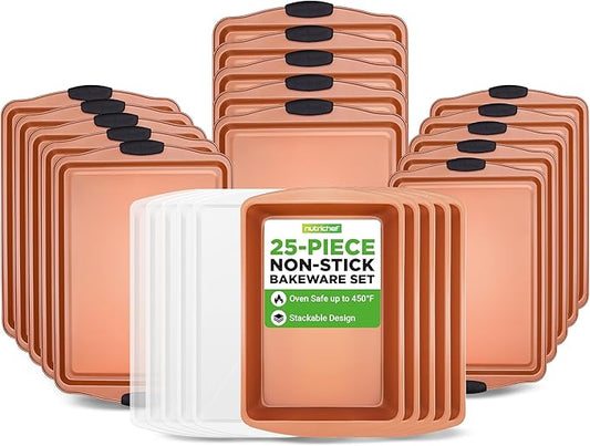 NutriChef 25-Piece Baking Pan Set, Nonstick Carbon Steel Bakeware, Includes 15 Cookie Sheets (3 Each 13", 17", 15") with Silicone Handles, 5 Rectangular Pans with Plastic Lids, PFOA/PFOS/PTFE Free