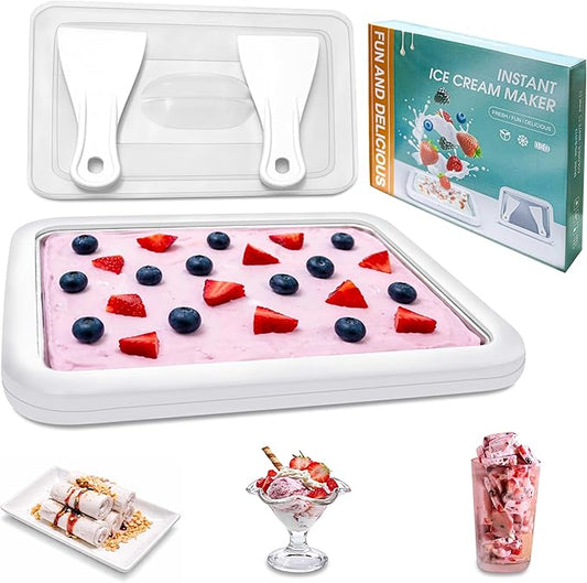 Rolled Ice Cream Maker with Lid and 2 Spatulas, SUS 304 At-Home DIY Instant Rolled Ice Cream Tray for Soft Serve, Slushies, Frozen Yogurt, Sashimi Plate, for Fun Family Activities, Parent-Child Time